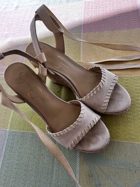 Jessica Simpson Light Beige Espadrille Wedge Sandals with Ankle Wrap